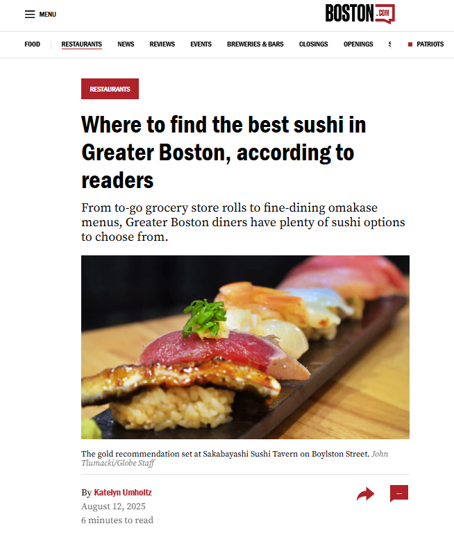 Sakabayashi Chef's Pick sushi set featured on Boston.com article